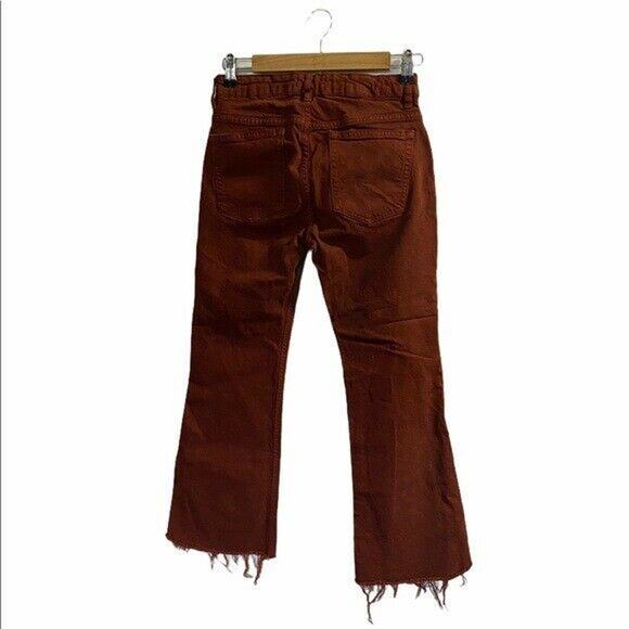 Zara trf Collection Frayed Denim flare crop jean orange red Sz 4 - Picture 2 of 12